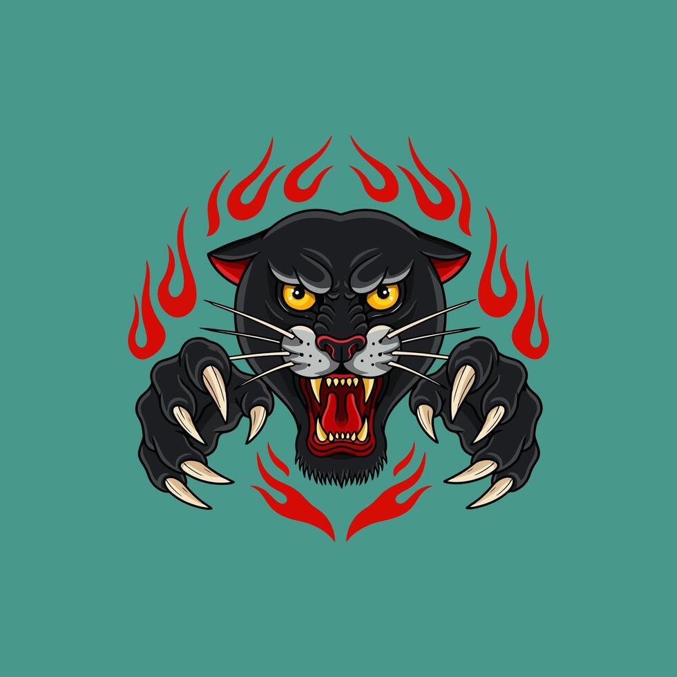 Fierce Panther Head with Flames Vintage American Tattoo Art vector