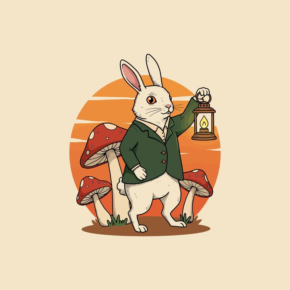 Elegant White Rabbit with Lantern Vintage Mushroom Forest Scene vector