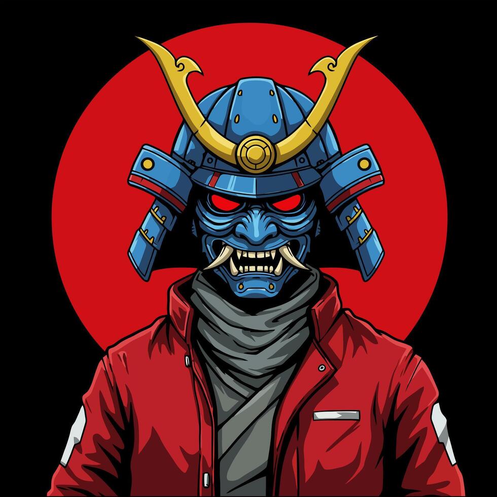 Samurai Oni Mask Bold Red Jacket, Graphic Illustration vector
