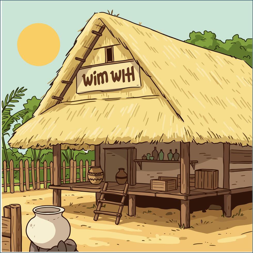 Thatched Roof Hut Village Shop Illustration Tropical Scene vector