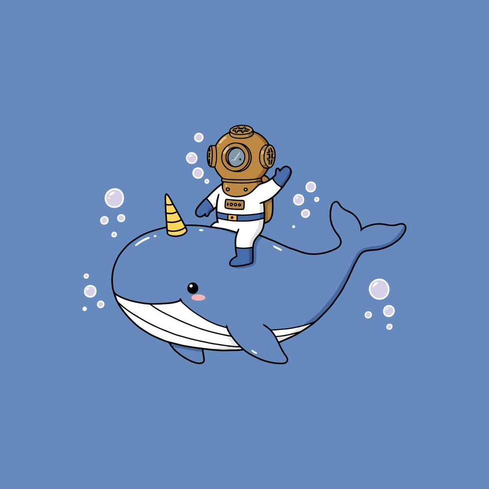 Adorable Diver on Unicorn Whale Whimsical Underwater Scene vector