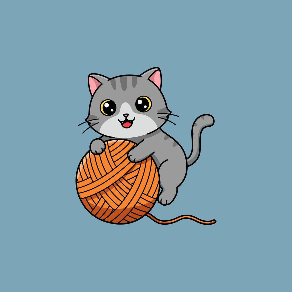 Adorable Kitten Playing with Orange Yarn Ball A Charming Cartoon Illustration vector