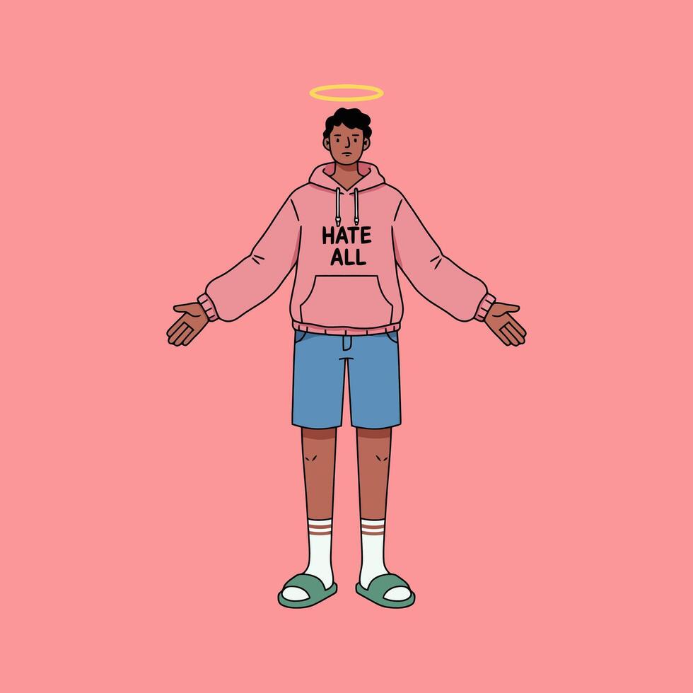 Man in Pink Hoodie Saying Hate All with Halo Illustration vector