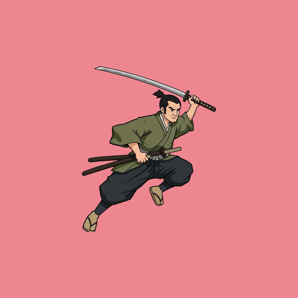 Samurai Warrior Jumping Action Anime Style Illustration vector