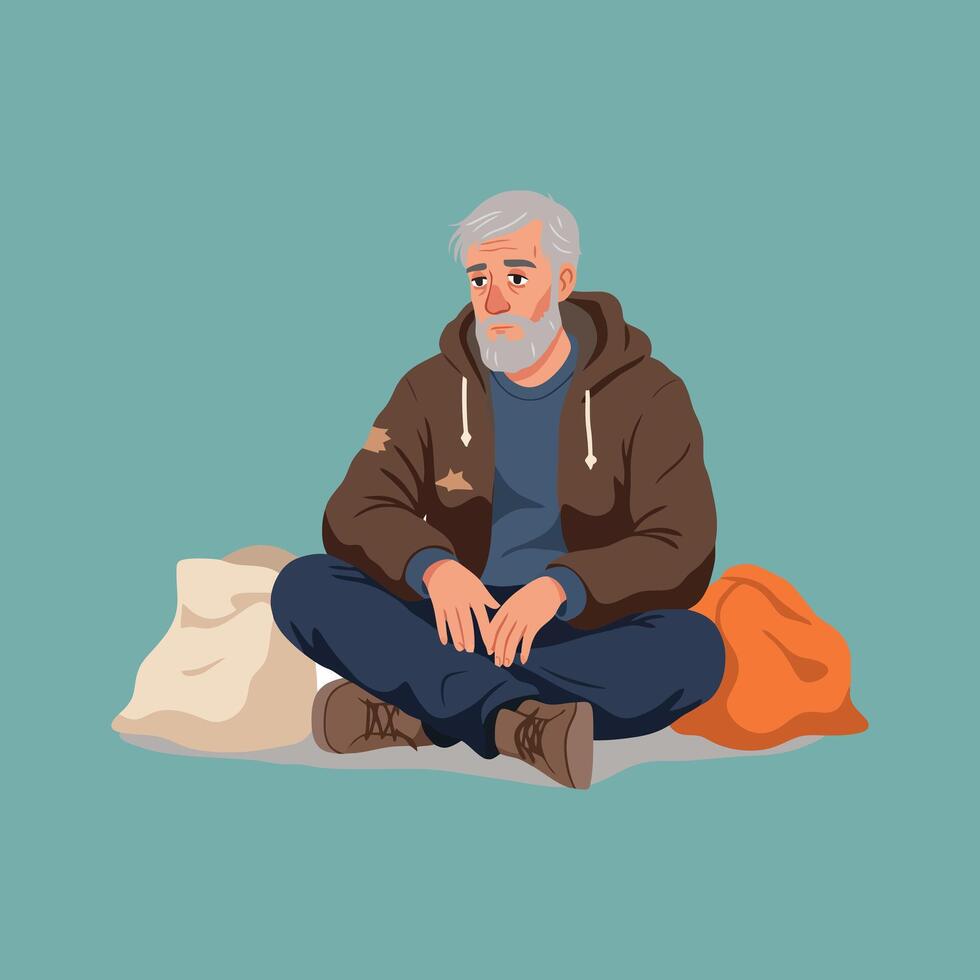 Sad Elderly Homeless Man Sitting on Ground with Bags vector