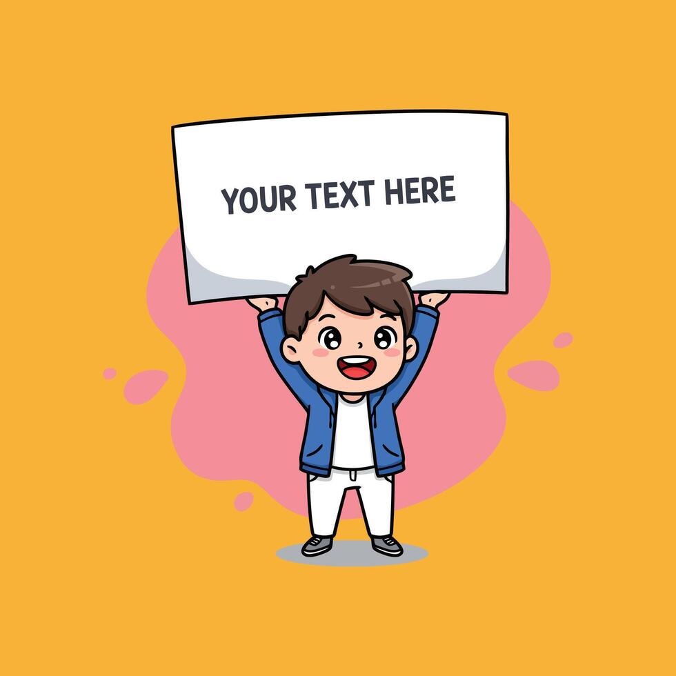 Cheerful Boy Holding Blank Sign A Cute Cartoon Illustration vector