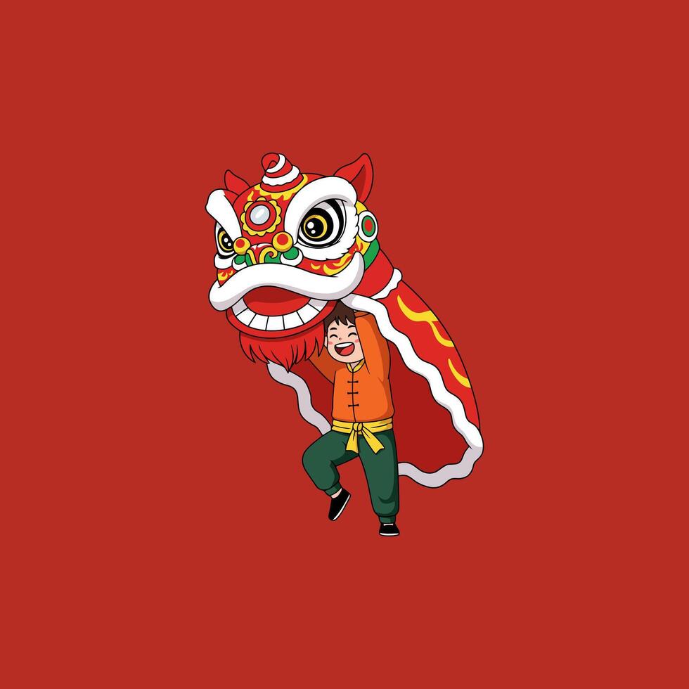 Happy Boy with Chinese Lion Dance Costume vector