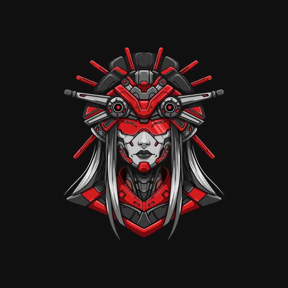 Cyberpunk Geisha Red Robotic Warrior in Dark Art Style vector