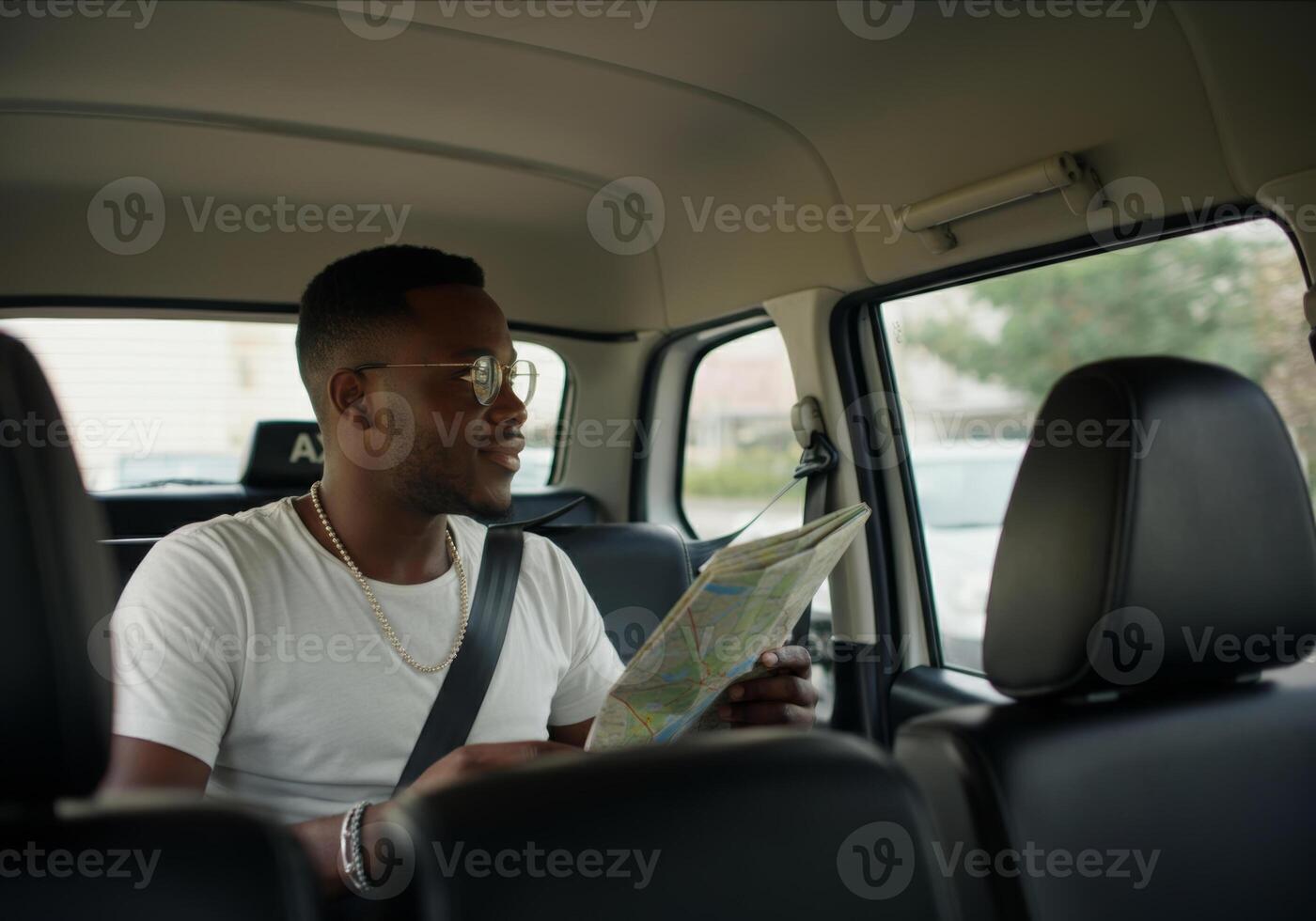 African male reading map in backseat of car wearing glasses and white t-shirt photo