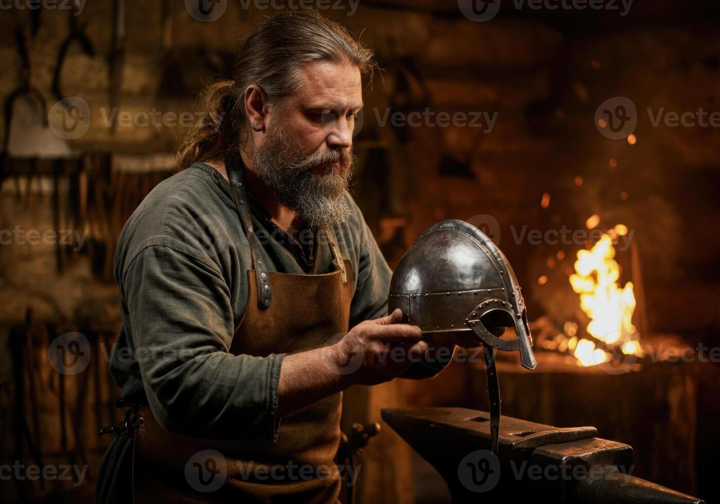 Bearded blacksmith examines handcrafted metal helmet in rustic workshop photo