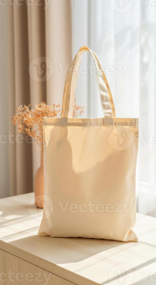 Beige canvas tote bag on a light wooden surface near sunlit window photo