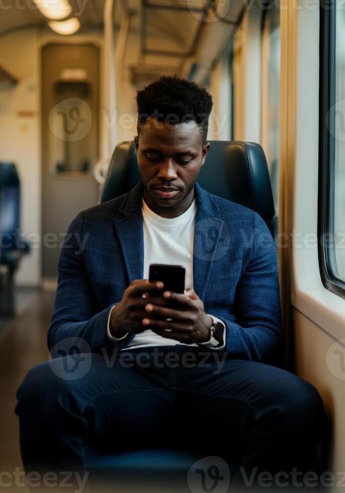 Young Black man using smartphone on train with focused expression and casual attire photo