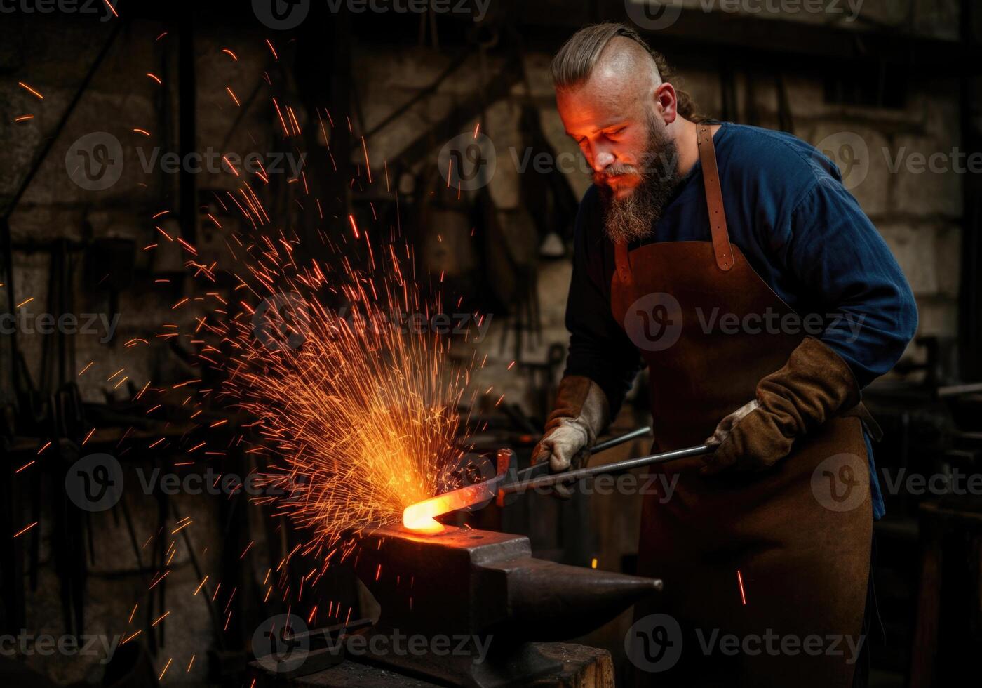 A Viking blacksmith forging a glowing sword, with sparks flying from the heated metal. photo