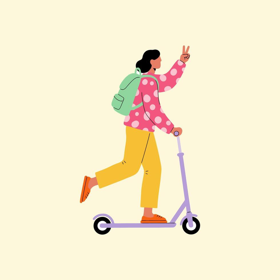 Girl Riding Scooter with Backpack Happy Illustration vector