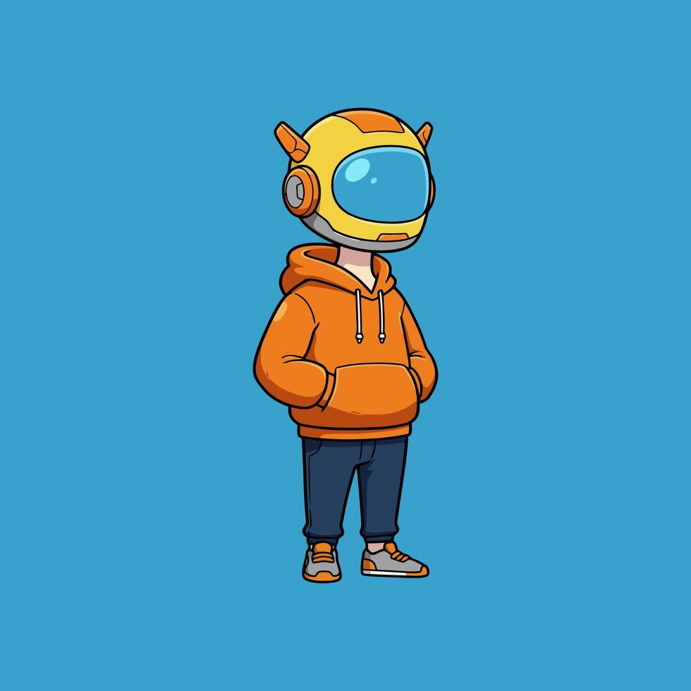 Stylish Robot Boy in Orange Hoodie A Cartoon Illustration vector