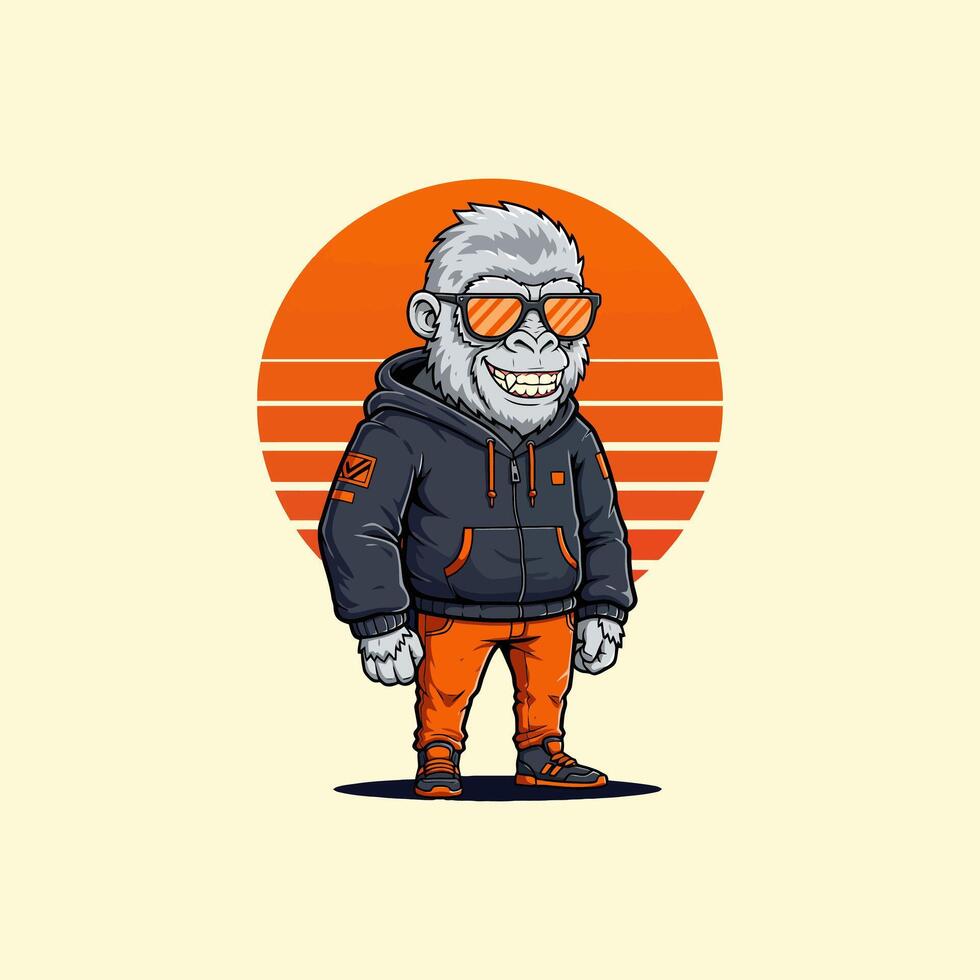 Cool Gorilla in Hoodie Retro Sunset Style Illustration vector