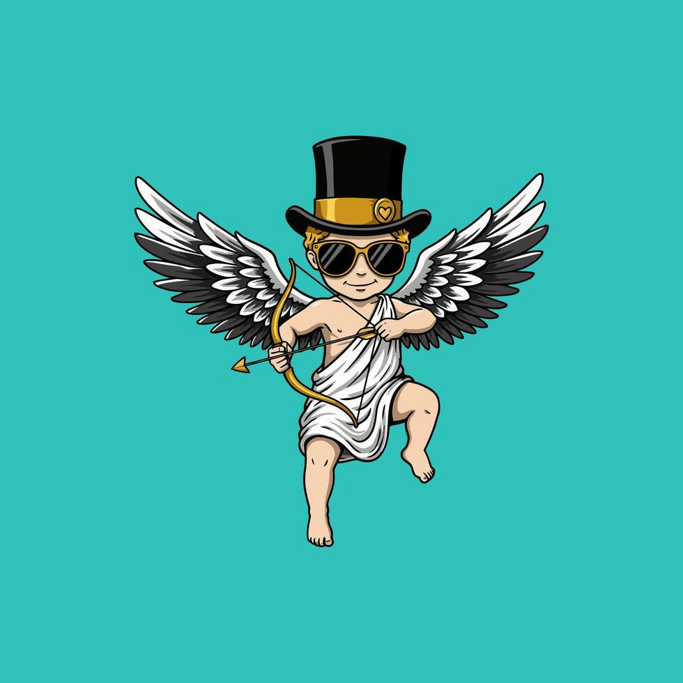 Stylish Cupid Winged Cherub with Bow, Top Hat, and Sunglasses vector