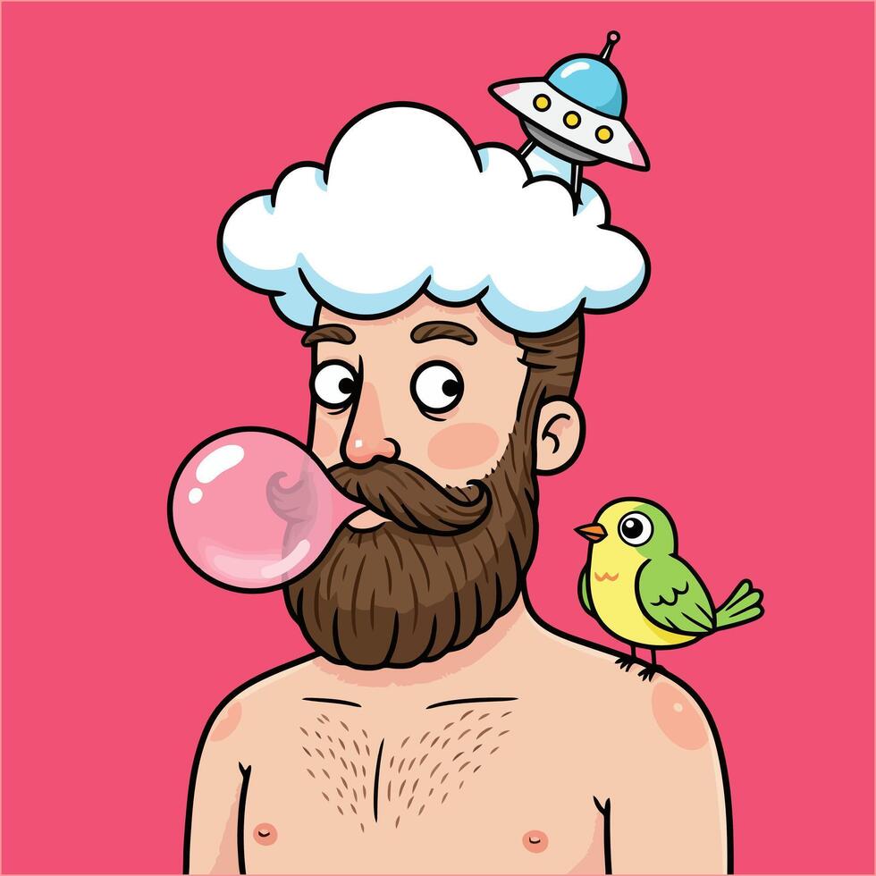 Funny Bearded Man Blowing Bubble with Cloud and Ufo vector