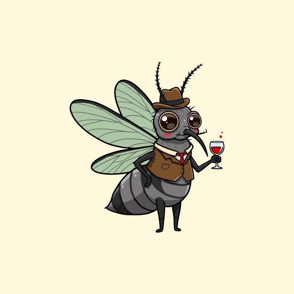 Sophisticated Mosquito Cartoon Character Drinking Wine vector