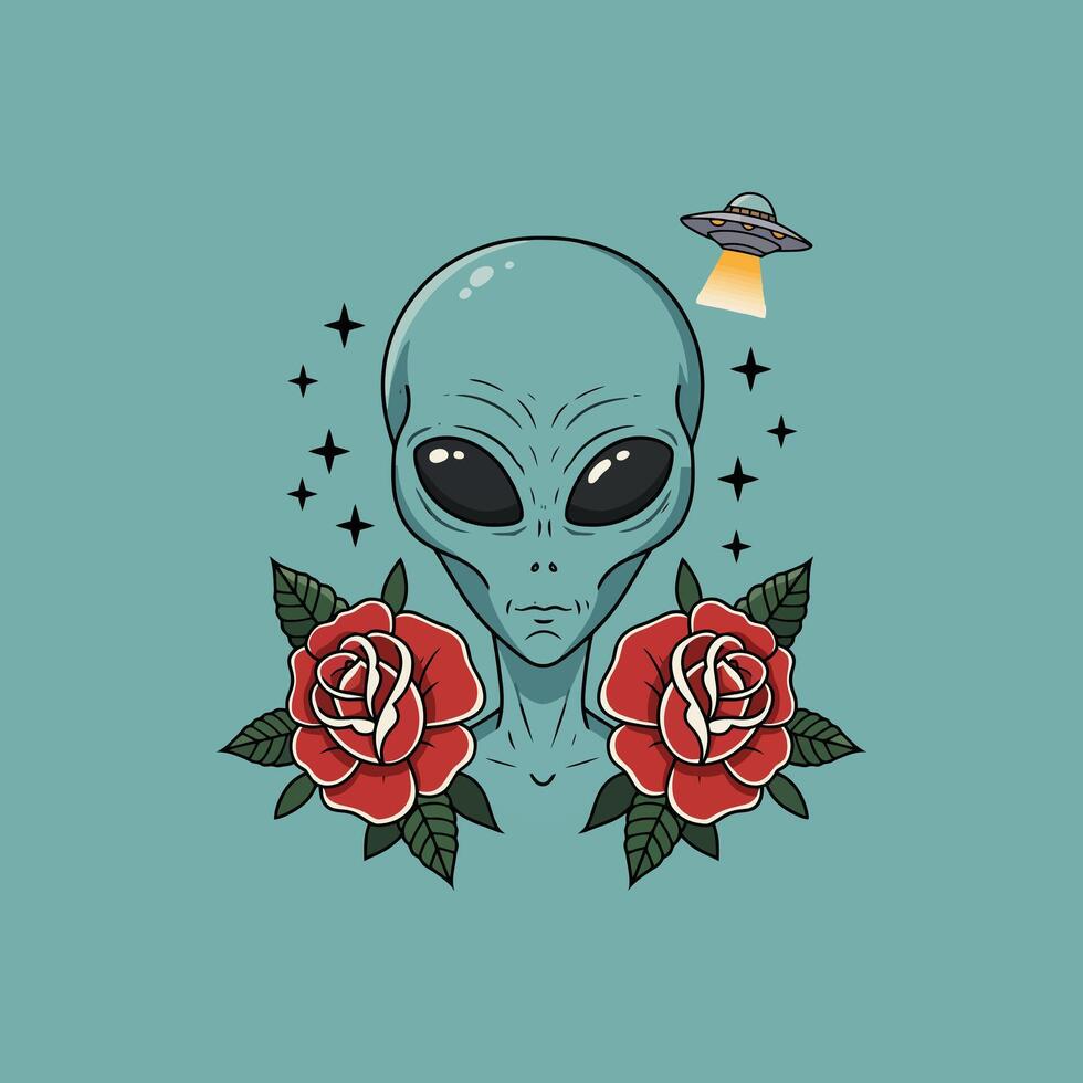 Alien Face with Roses and Ufo Tattoo Design vector