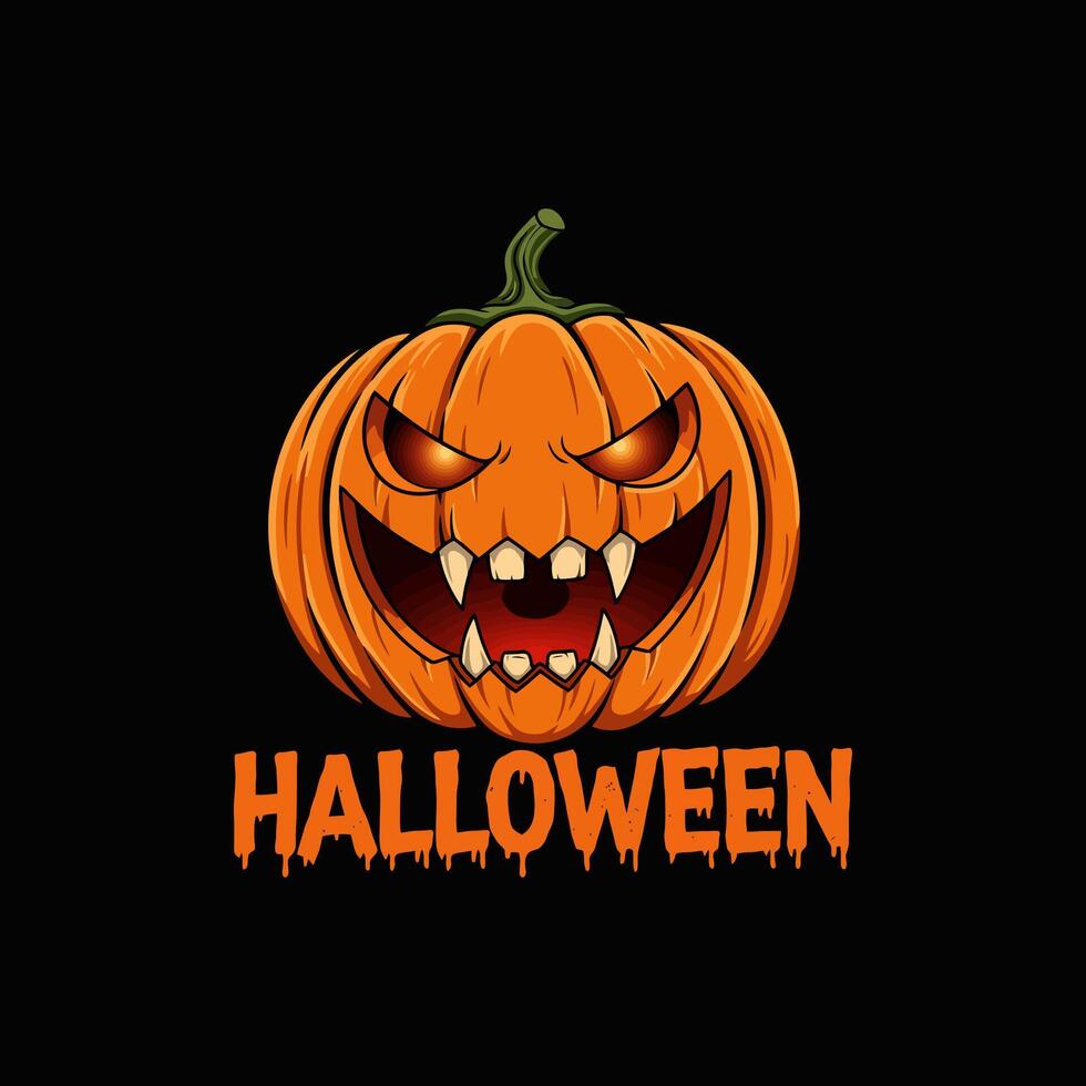 Frightening Halloween Pumpkin Glowing Eyes, Sharp Teeth, Cartoon Style vector