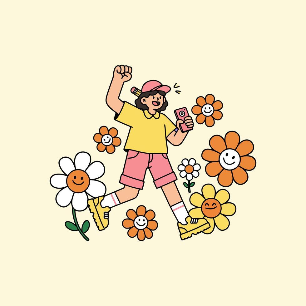 Joyful Girl Running in Flower Field Taking Photos vector
