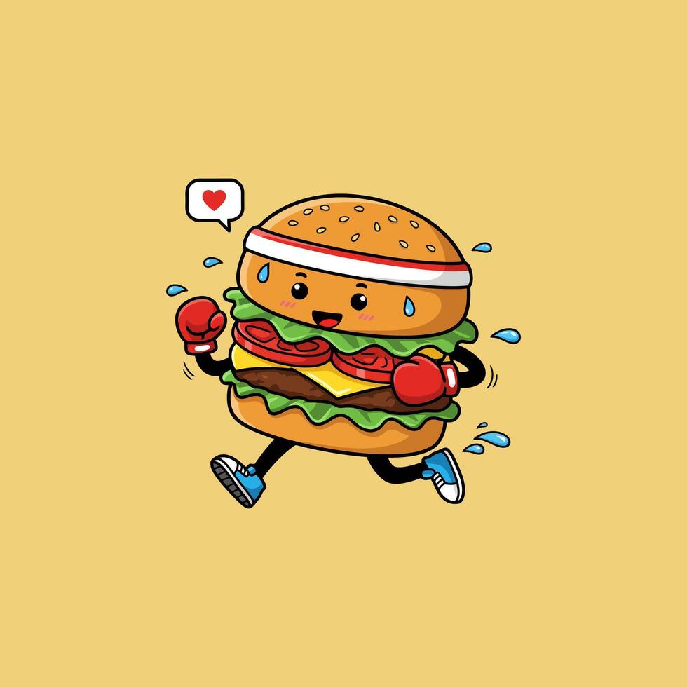 Energetic Burger Character Cartoon Boxing Run vector