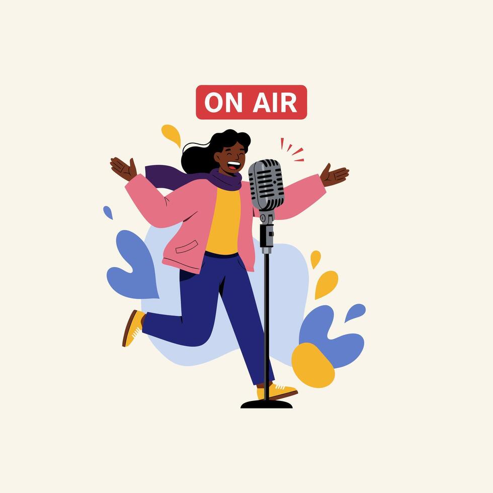 Joyful Singer at Microphone Live Radio Broadcast Illustration vector