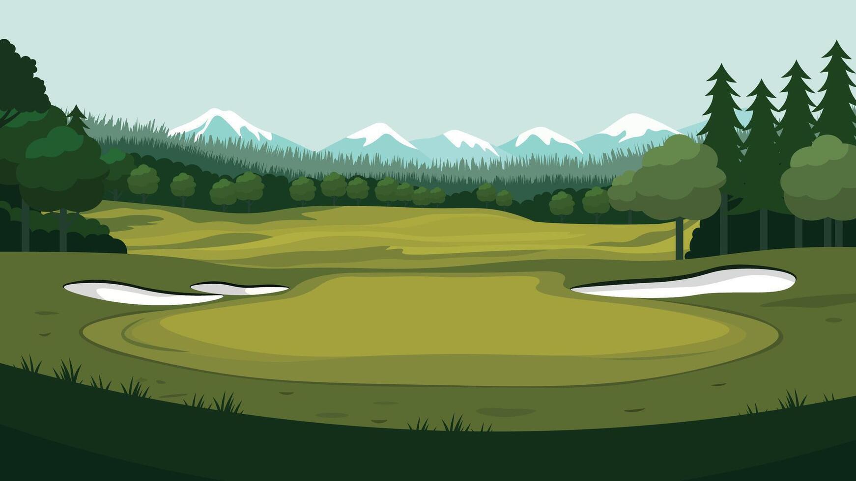 Golf Sport Field Nature Landscape with Mountains View and Pine Trees in Bright Sky vector