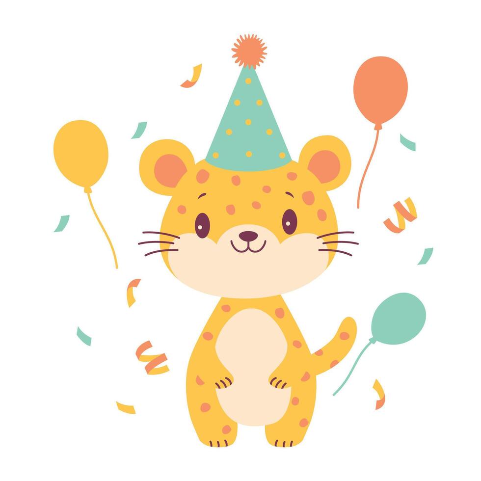 Happy Cute Leopard Animal Cartoon Character Wearing Cone Hat Celebrating Birthday Party with Balloons vector