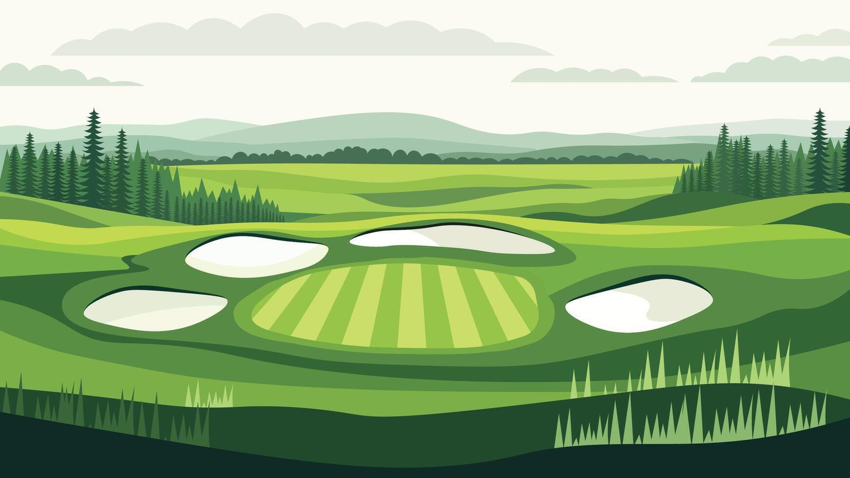 Beautiful Golf Sport Field Nature Landscape with Mountains View and Pine Trees in Bright Day vector
