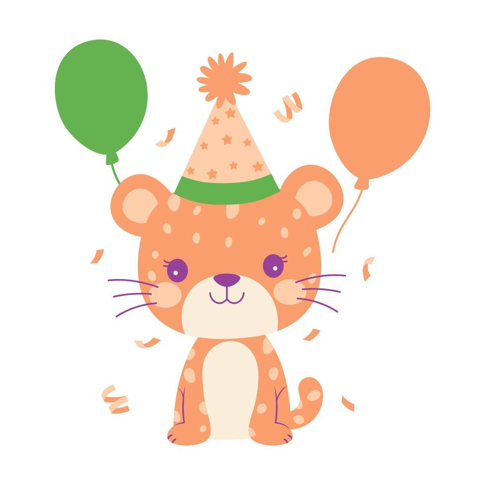 Happy Funny Leopard Animal Cartoon Character Wearing Cone Hat Celebrating Birthday Party vector