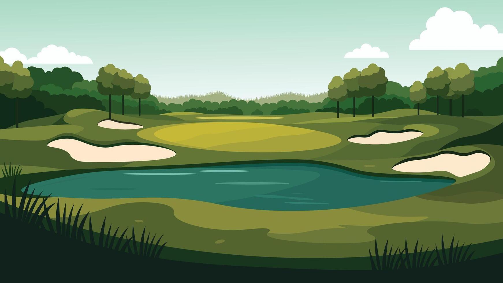 Beautiful Green Golf Sport Field Nature Panorama with Mountains View in Bright Sky vector