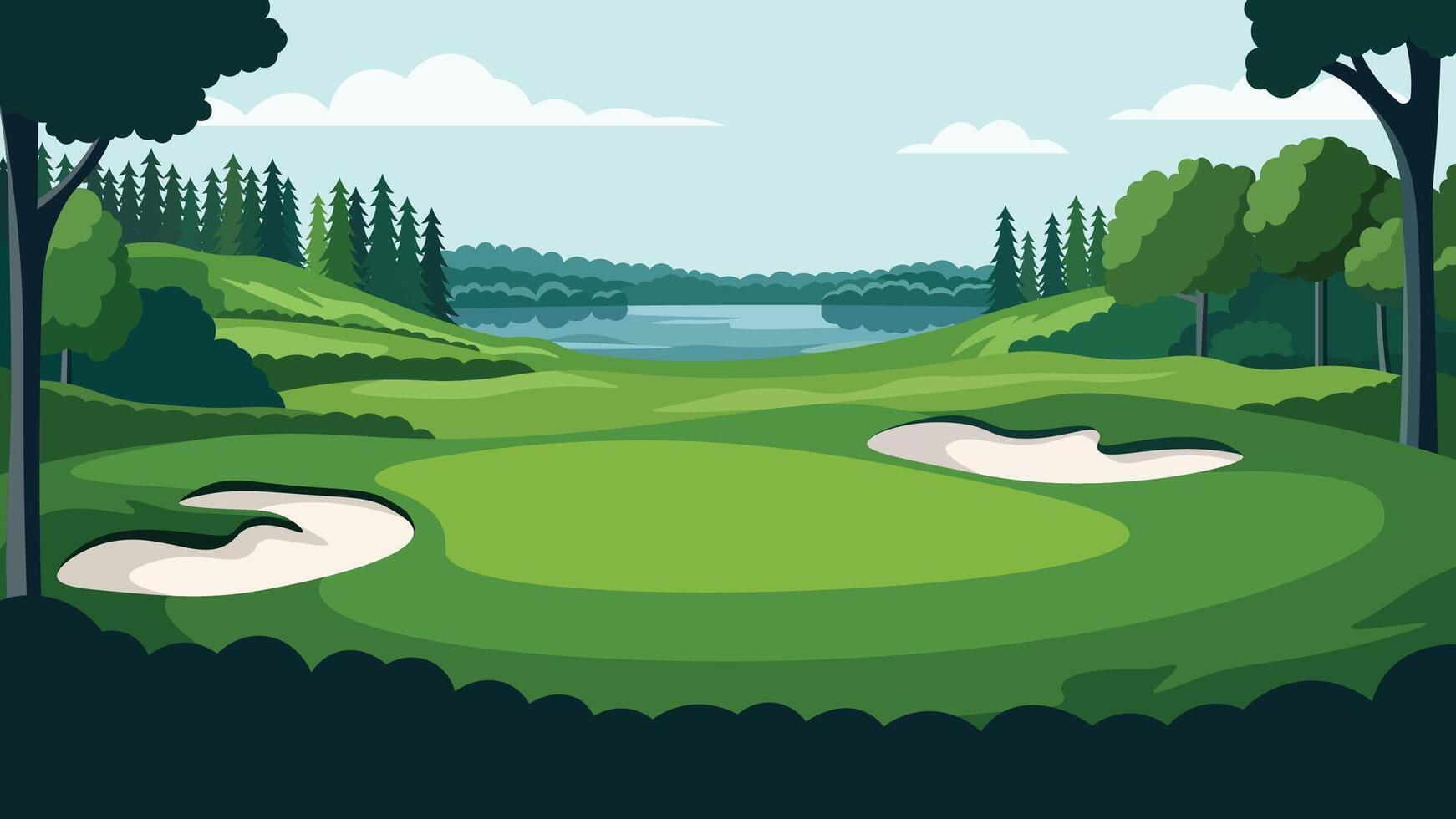 Beautiful Golf Sport Field View with Mountains View and Pine Trees in Bright Sky vector