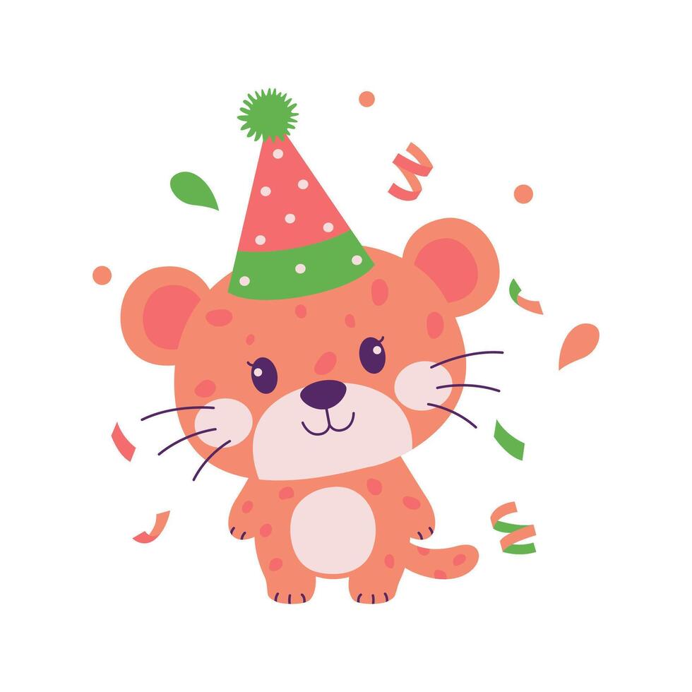 Happy Adorable Leopard Animal Cartoon Character Wearing Cone Hat Celebrating Birthday Party vector