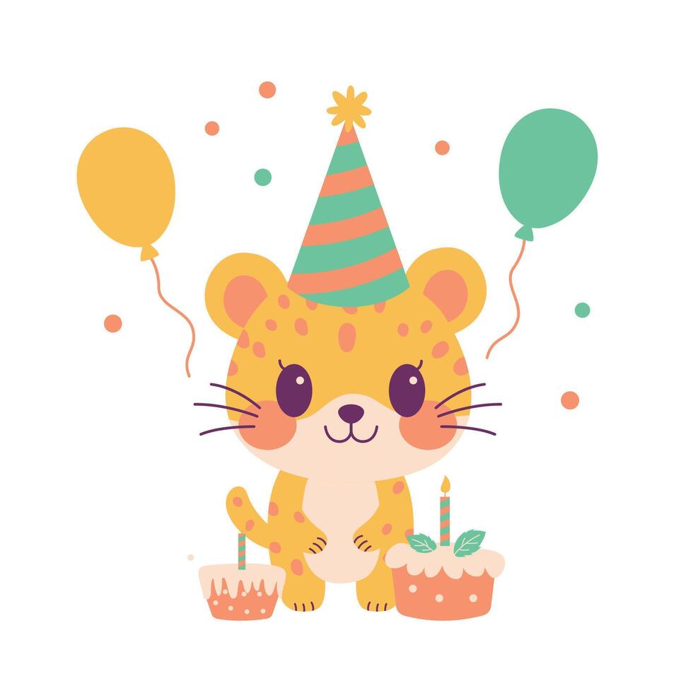 Happy Cute Leopard Animal Cartoon Character Wearing Cone Hat Celebrating Birthday Party with Cake vector