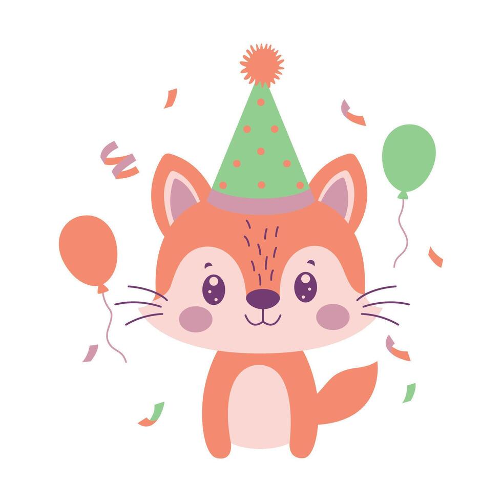 Happy Cute Fox Animal Mascot Character Wearing Cone Hat Celebrating Birthday Party with Confetti vector