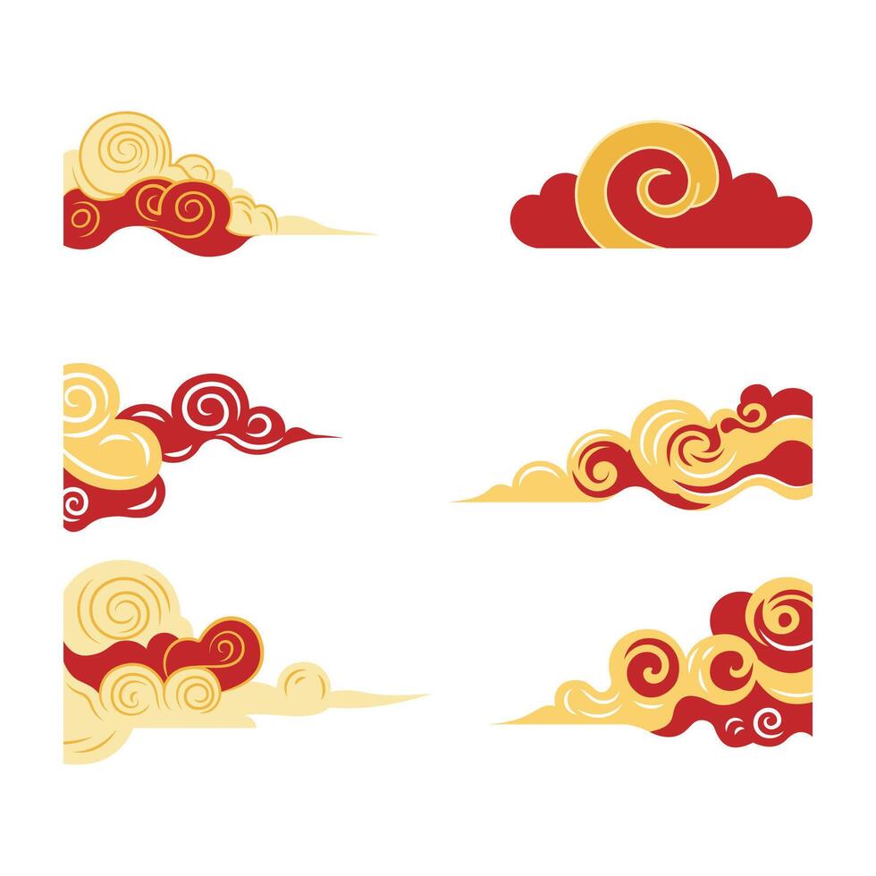 Set of Golden Red Wavy Chinese Japanese Cloud Nature Ornament Decoration vector