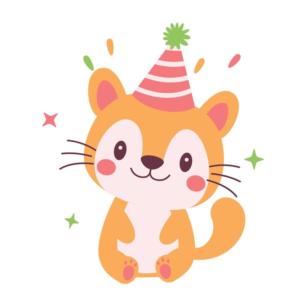 Happy Adorable Fox Animal Cartoon Character Wearing Cone Hat Celebrating Birthday Party with Confetti vector