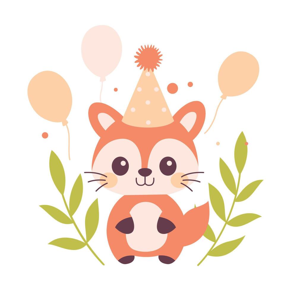 Happy Cute Fox Animal Cartoon Character Wearing Cone Hat Celebrating Birthday Party with Confetti with Balloons and Plant vector