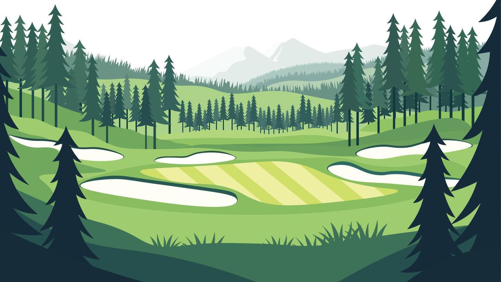 Beautiful Golf Sport Field Nature Landscape with Mountains View and Pine Trees in Forest vector