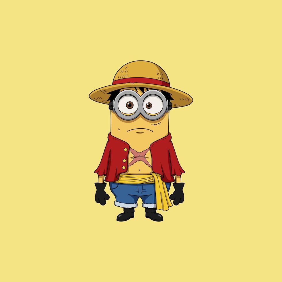 This image depicts a minion character in a creative and humorous costume resembling Luffy from One Piece. vector