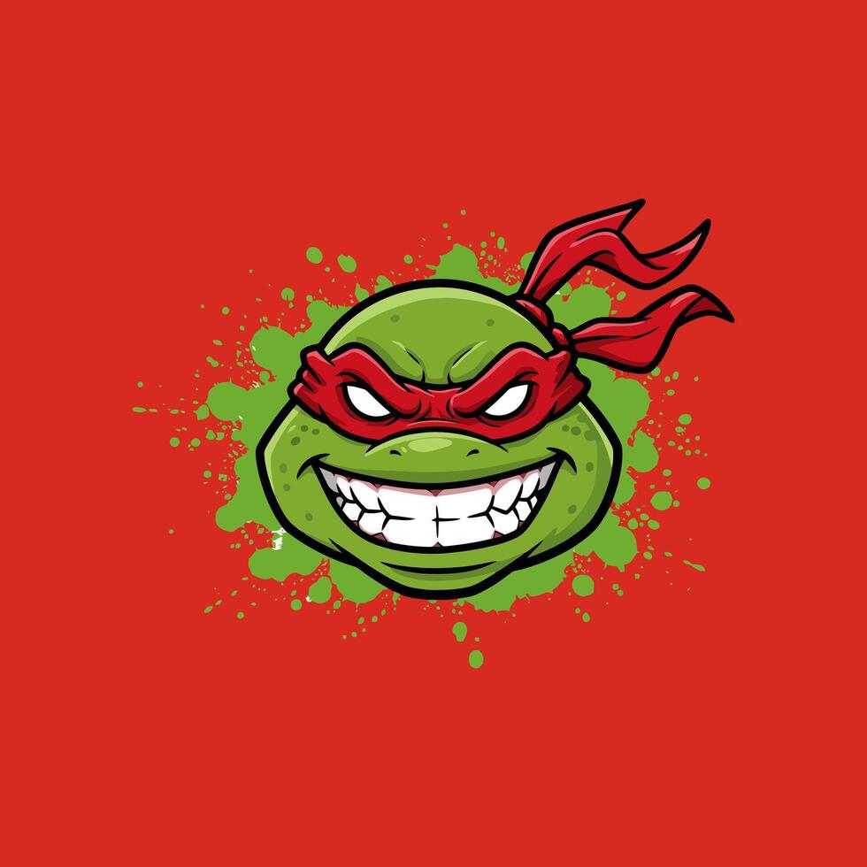 A mischievous ninja turtle grins fiercely, his red mask adding to the intensity. The vibrant green and red pop against a red backdrop, creating a bold and energetic image. vector