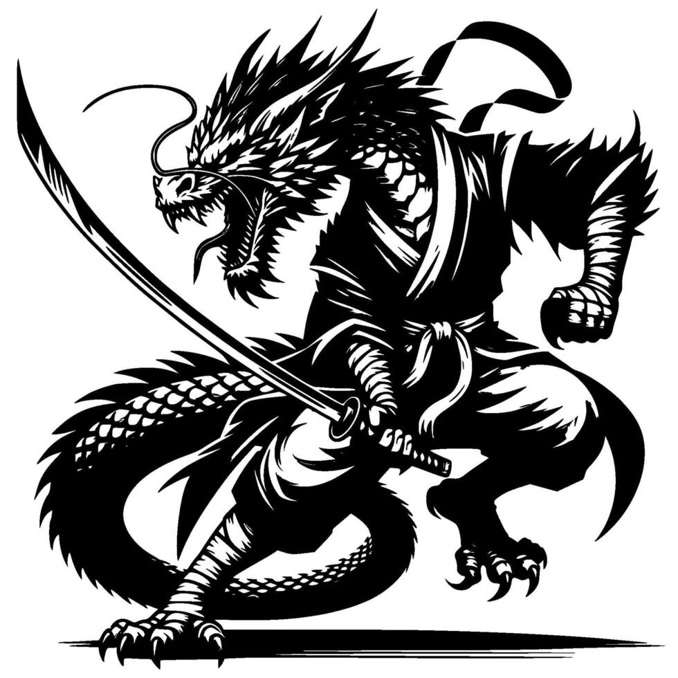 Ninja master dragon in katana sword attacking position in monochrome. Reptile fighter of secret clan animal roars. Tattoo minimalistic in black ink drawing on white background vector
