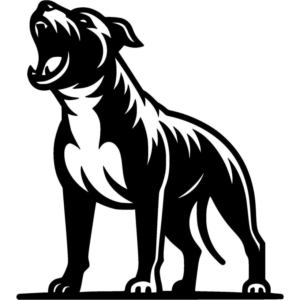 Tattoo of angry roaring pit bull terrier dog in monochrome. Pit bull terrier dog full size in defense of territory. Engraving minimalistic in black ink drawing on white background vector
