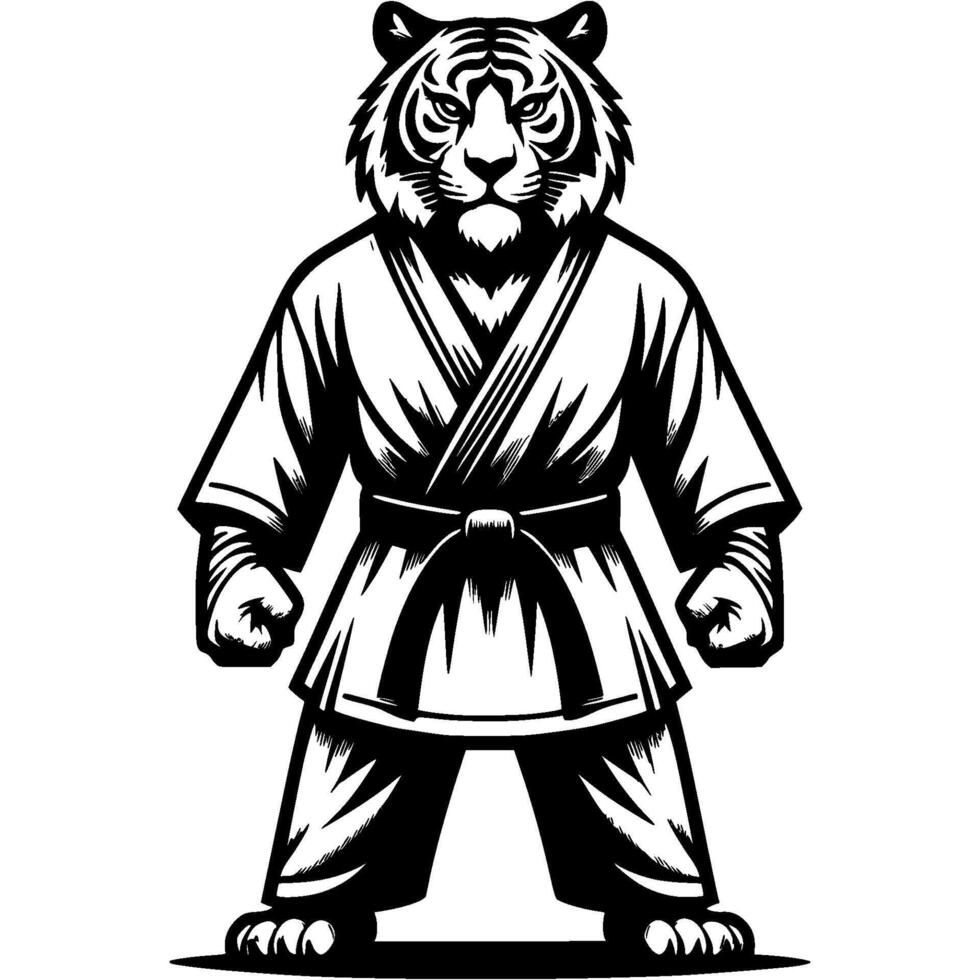 Karateka tiger stands in fighting stance ready for tournament in monochrome. Wild Wildcat animal looks confidence. Tattoo minimalistic in black ink drawing on white background vector