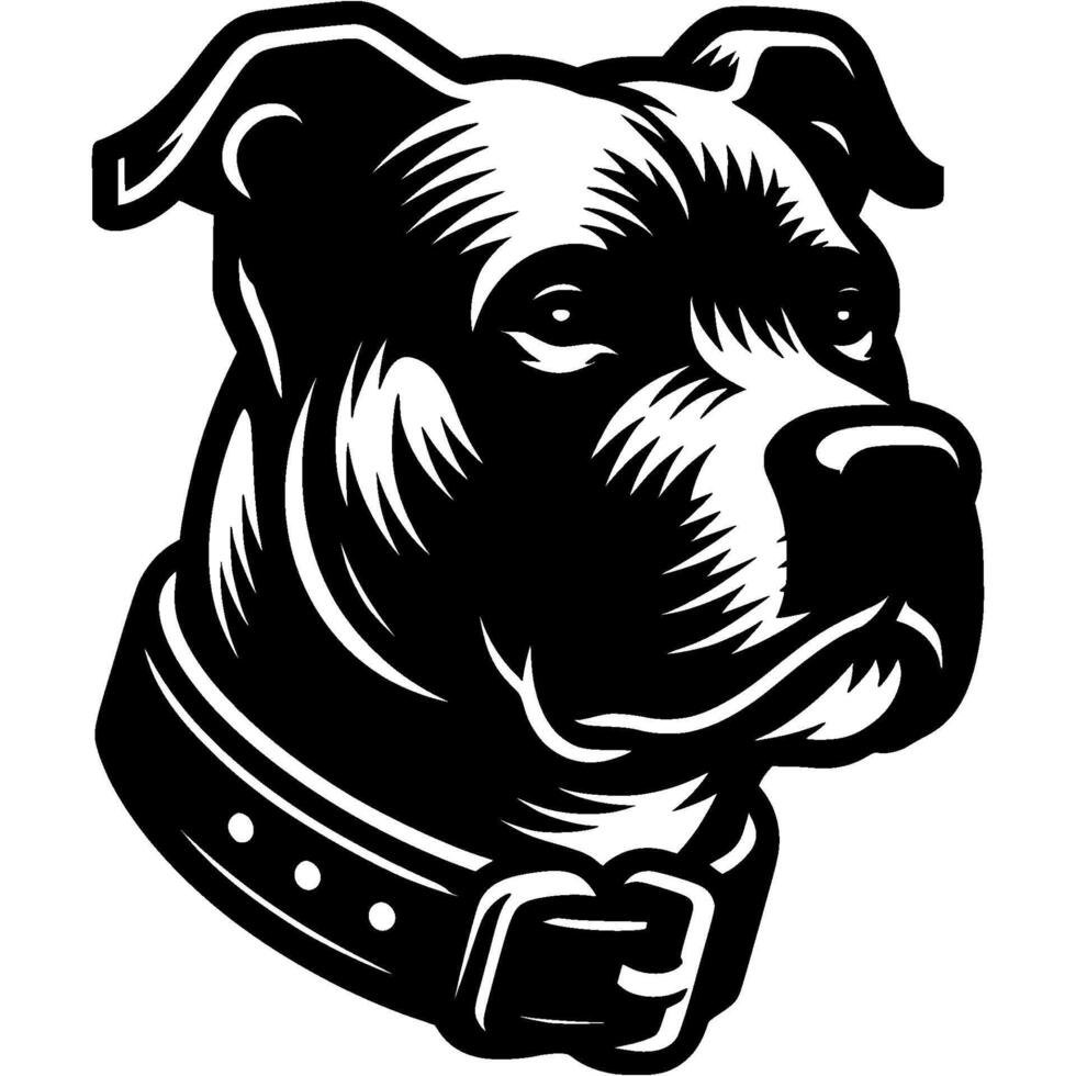 Tattoo of serious Staffordshire Terrier head in monochrome. Staffordshire Terrier dog border defender portrait side view. Engraving minimalistic in black ink drawing on white background vector