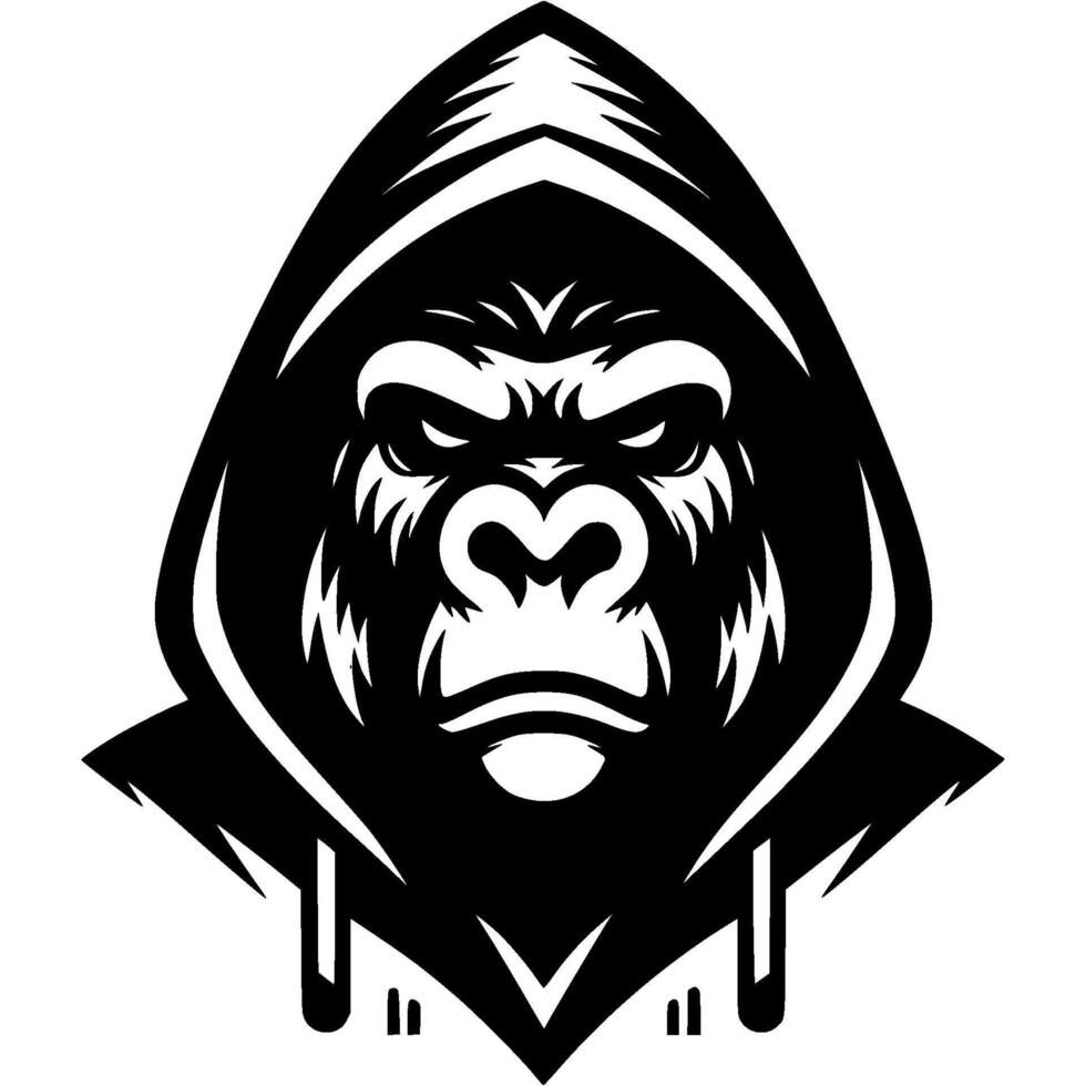 Tattoo of grumpy gorilla with hoodie on his head in monochrome. Orangutan street hooligan. Engraving minimalistic in black ink drawing on white background vector