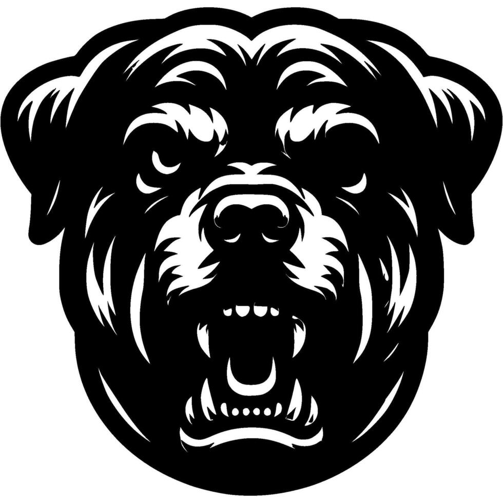 Tattoo of angry roaring Rottweiler dog head in monochrome. Rottweiler dog front view. Engraving minimalistic in black ink drawing on white background vector