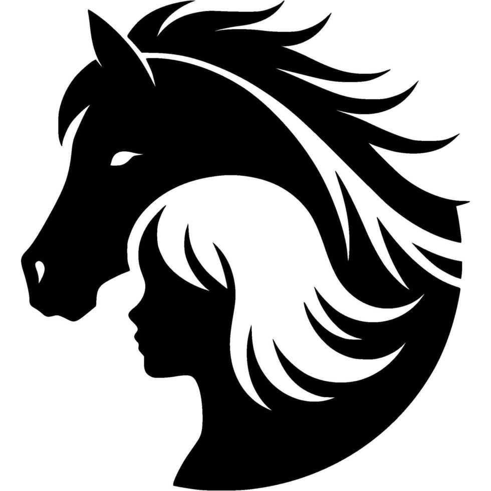 Tattoo emblem of silhouette of girl with white hair against back of horse head in monochrome. Engraving minimalistic in black ink drawing on white background vector